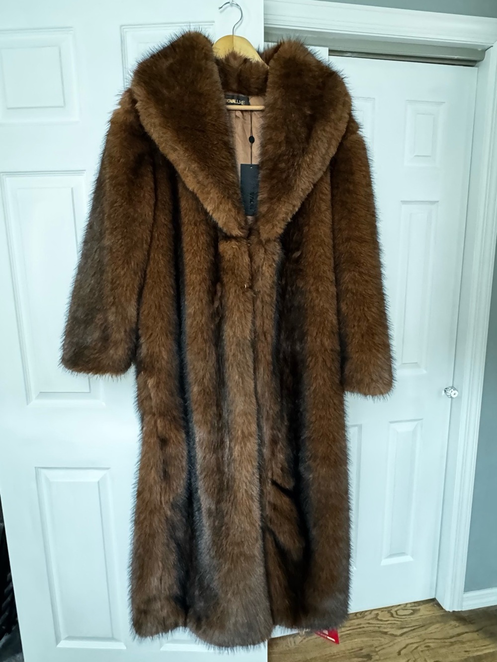 Luxurious Brown Full Length Faux Fur Coat with Pockets